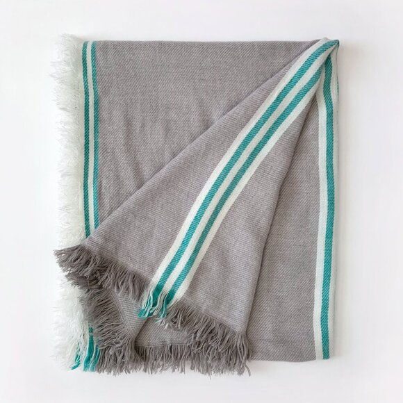 Striped Knit Long Wide Lightweight Fringe Scarf Gray Green White Cottagecore - Picture 2 of 13